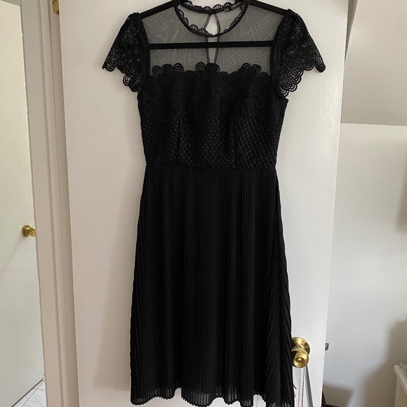Black Midi Dress, Sheer neckline with lace and Pleated skirt - Picture 1 of 7